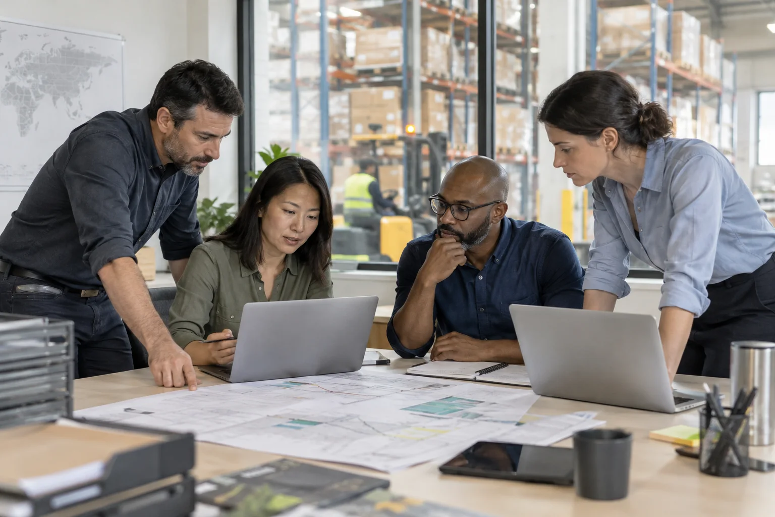Supply chain team coordinating inventory and suppliers