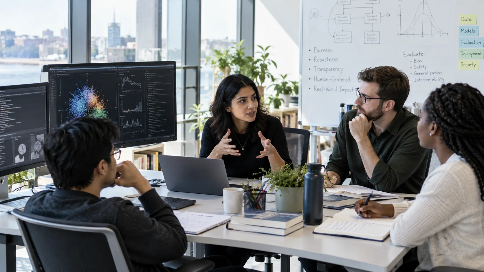 AI research team discussing responsible model evaluation